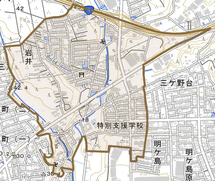 大久保とその周辺の地図。町の範囲を重ねている