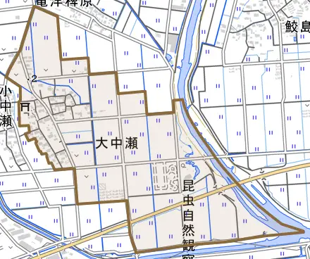 大中瀬とその周辺の地図。町の範囲を重ねている