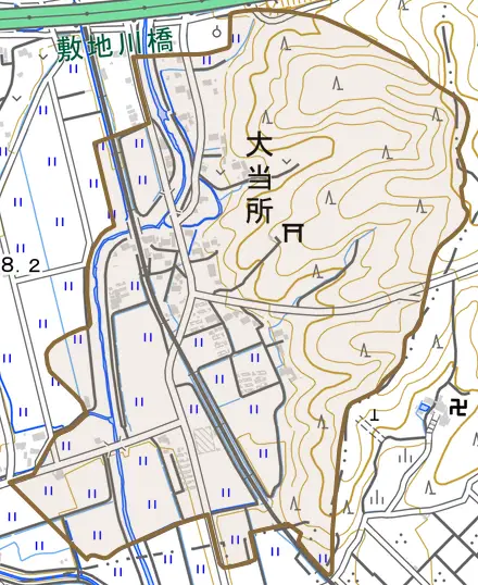 大当所とその周辺の地図。町の範囲を重ねている