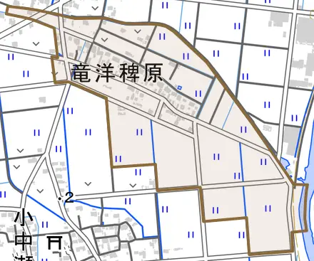 竜洋稗原とその周辺の地図。町の範囲を重ねている