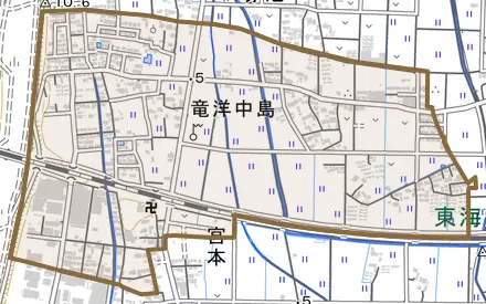 竜洋中島とその周辺の地図。町の範囲を重ねている