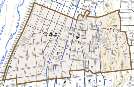 匂坂上とその周辺の地図。町の範囲を重ねている