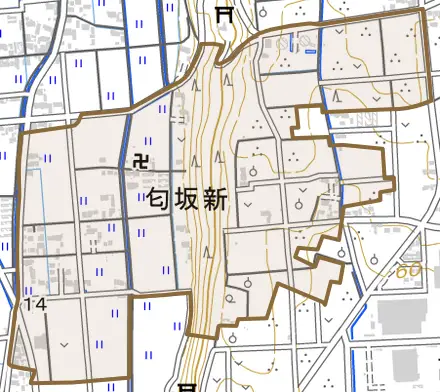 匂坂新とその周辺の地図。町の範囲を重ねている