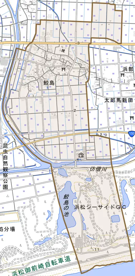 鮫島とその周辺の地図。町の範囲を重ねている