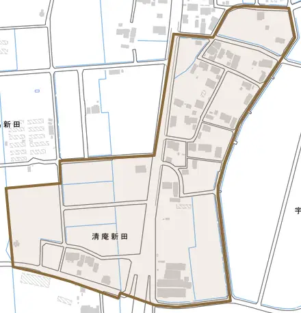清庵新田とその周辺の地図。町の範囲を重ねている