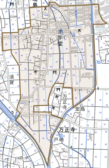 千手堂とその周辺の地図。町の範囲を重ねている