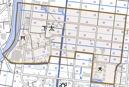 下太とその周辺の地図。町の範囲を重ねている