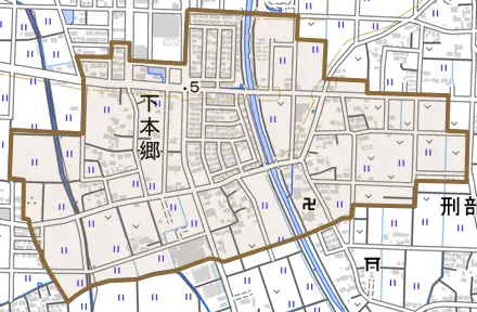 下本郷とその周辺の地図。町の範囲を重ねている