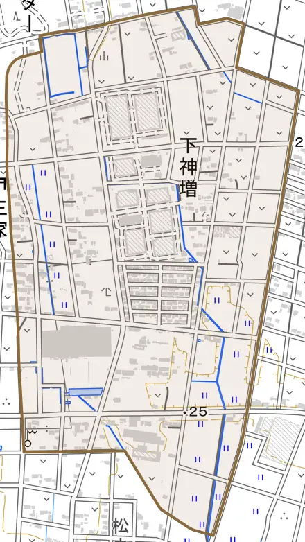 下神増とその周辺の地図。町の範囲を重ねている