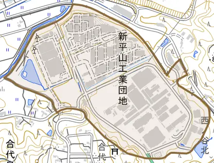 下野部とその周辺の地図。町の範囲を重ねている