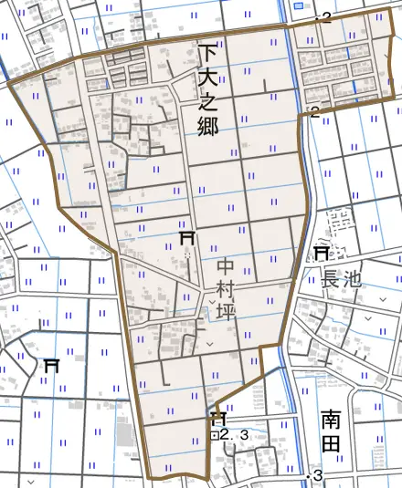下大之郷とその周辺の地図。町の範囲を重ねている