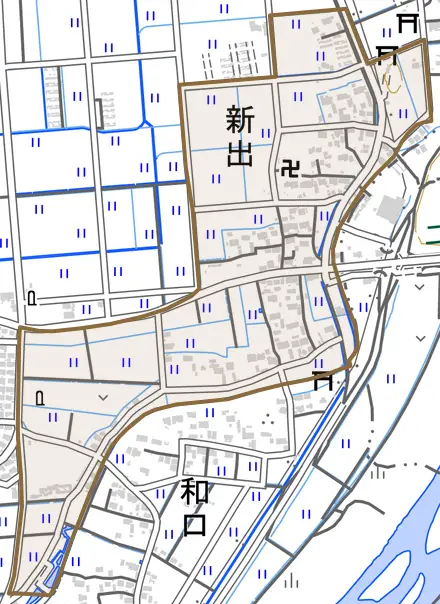 新出とその周辺の地図。町の範囲を重ねている