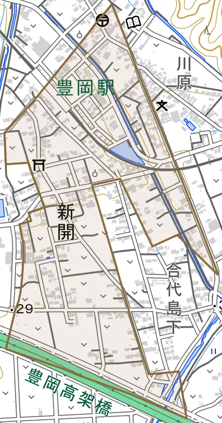 新開とその周辺の地図。町の範囲を重ねている