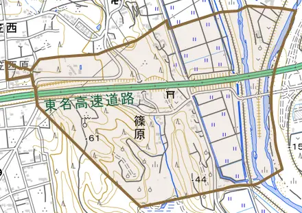 篠原とその周辺の地図。町の範囲を重ねている