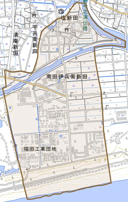 塩新田とその周辺の地図。町の範囲を重ねている