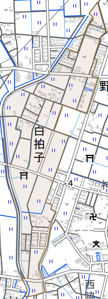 白拍子とその周辺の地図。町の範囲を重ねている