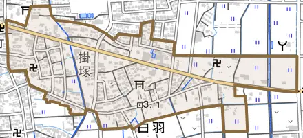 白羽とその周辺の地図。町の範囲を重ねている