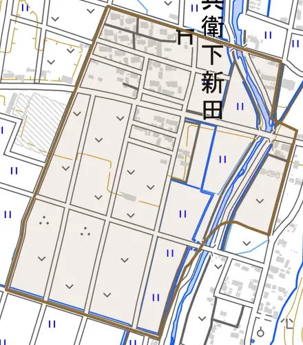 惣兵衛下新田とその周辺の地図。町の範囲を重ねている