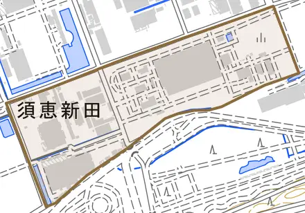 須恵新田とその周辺の地図。町の範囲を重ねている