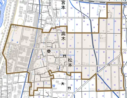 高木とその周辺の地図。町の範囲を重ねている