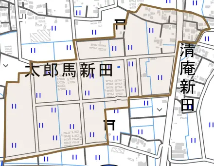 太郎馬新田とその周辺の地図。町の範囲を重ねている