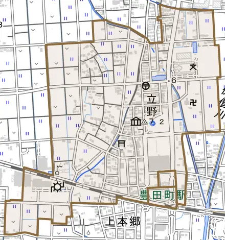 立野とその周辺の地図。町の範囲を重ねている