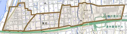 東名とその周辺の地図。町の範囲を重ねている