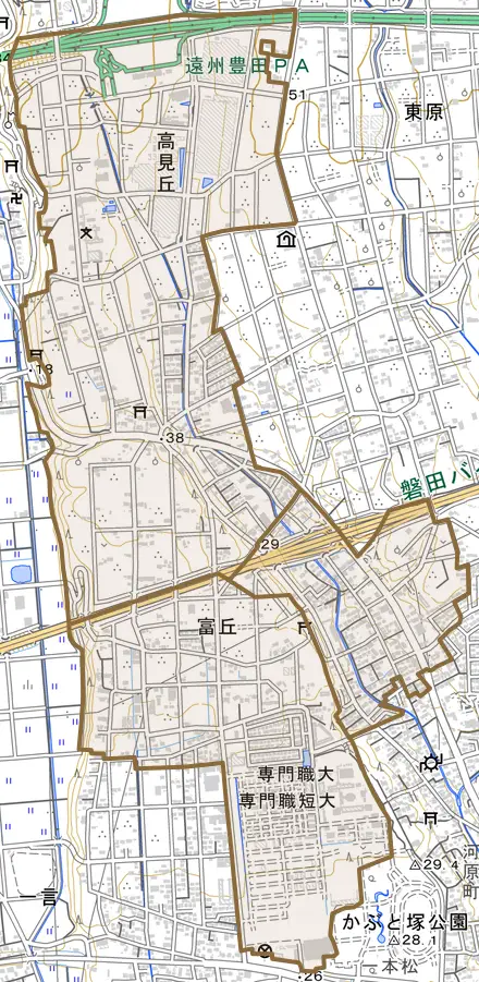 富丘とその周辺の地図。町の範囲を重ねている
