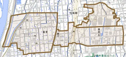 富里とその周辺の地図。町の範囲を重ねている