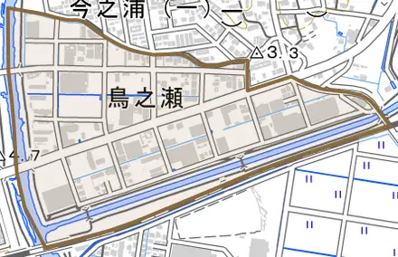 鳥之瀬とその周辺の地図。町の範囲を重ねている