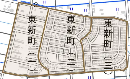 東新町とその周辺の地図。町の範囲を重ねている