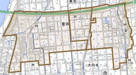 豊田とその周辺の地図。町の範囲を重ねている