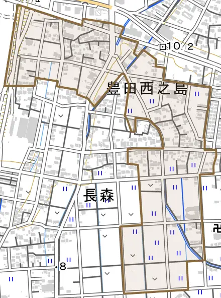 豊田西之島とその周辺の地図。町の範囲を重ねている