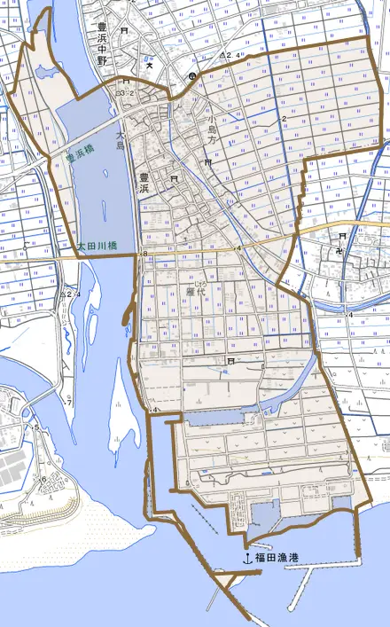 豊浜とその周辺の地図。町の範囲を重ねている