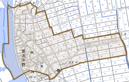 豊浜中野とその周辺の地図。町の範囲を重ねている
