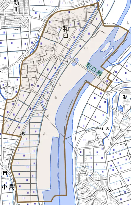 和口とその周辺の地図。町の範囲を重ねている