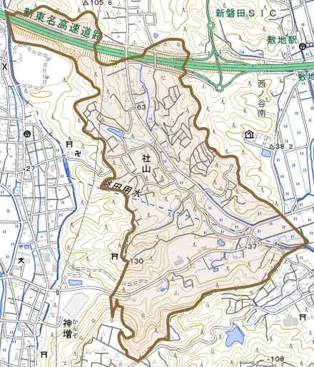 社山とその周辺の地図。町の範囲を重ねている