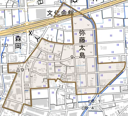 弥藤太島とその周辺の地図。町の範囲を重ねている