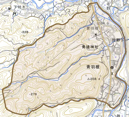 青羽根とその周辺の地図。町の範囲を重ねている
