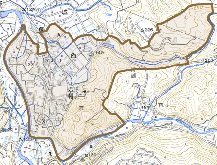 八幡とその周辺の地図。町の範囲を重ねている