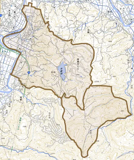 日向とその周辺の地図。町の範囲を重ねている