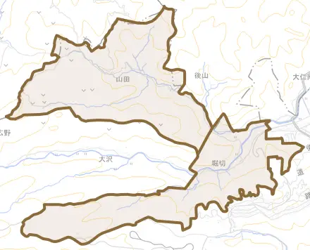 堀切とその周辺の地図。町の範囲を重ねている