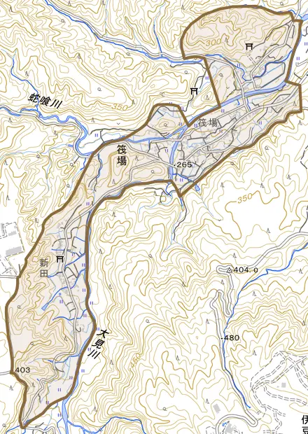 筏場とその周辺の地図。町の範囲を重ねている
