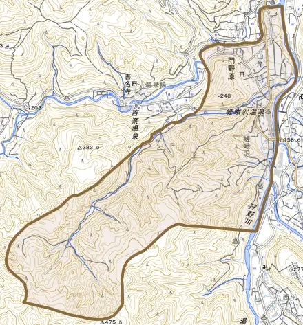 門野原とその周辺の地図。町の範囲を重ねている