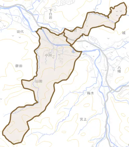 上白岩とその周辺の地図。町の範囲を重ねている