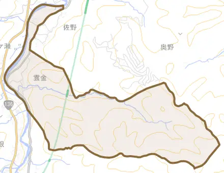 雲金とその周辺の地図。町の範囲を重ねている