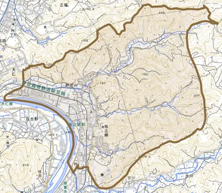 牧之郷とその周辺の地図。町の範囲を重ねている