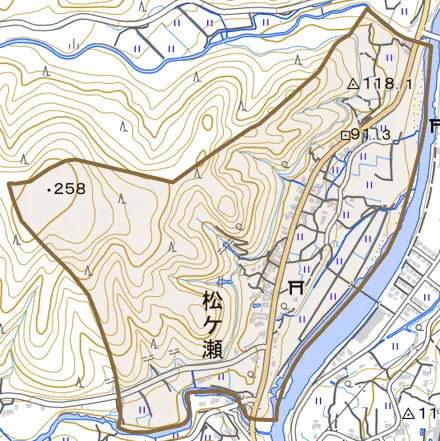 松ケ瀬とその周辺の地図。町の範囲を重ねている