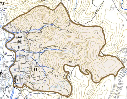 中原戸とその周辺の地図。町の範囲を重ねている