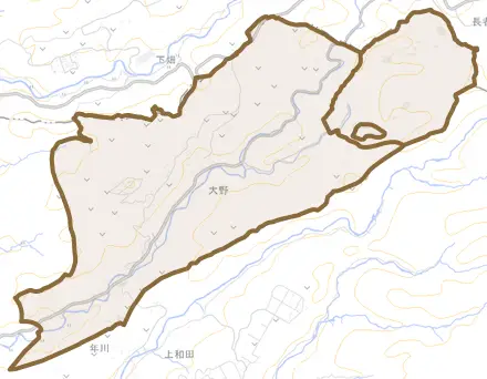 大野とその周辺の地図。町の範囲を重ねている
